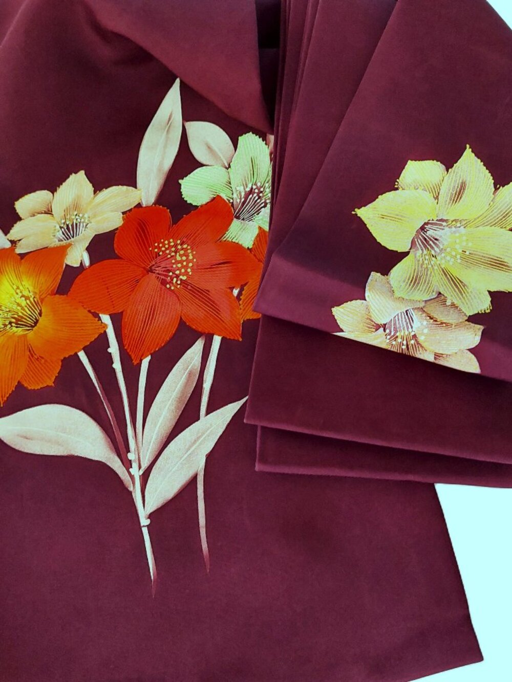 Vintage Nagoya Obi Amaryllis Lily Flowers Burgundy Purple Orange Gold